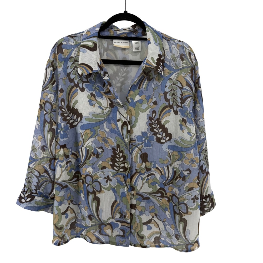 Vtg Alfred Dunner Blue Green Floral Paisley Button Down Blouse 3/4 Sleeve 24W